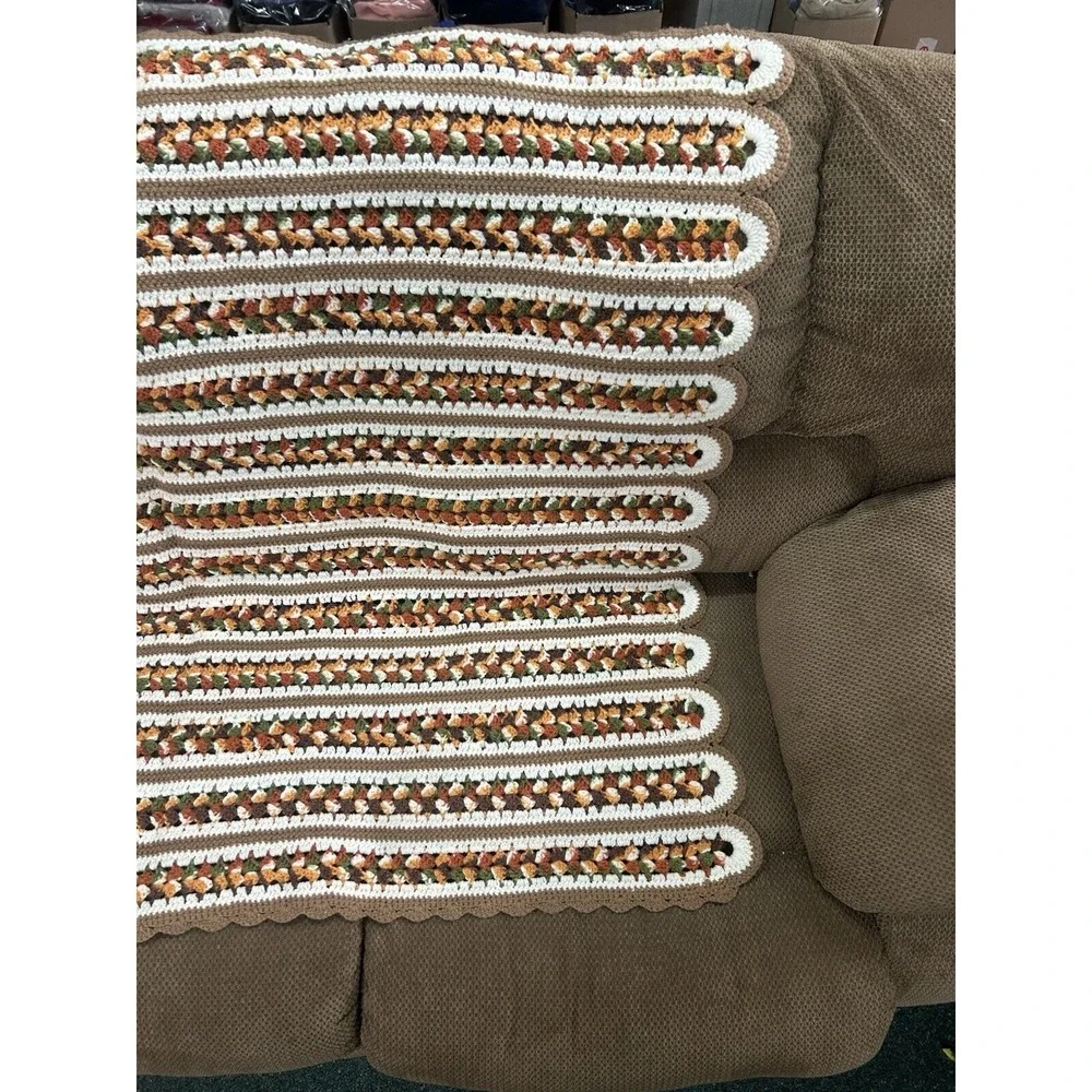 Vintage Crochet Afghan Blanket Throw Fall Brown/Rust/Green/Yellow/Orange 45
